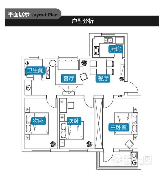 80平3室2厅1厨1卫装修效果图
